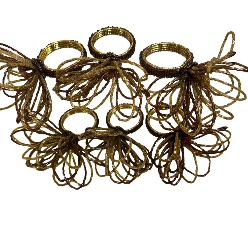 Set of 6 Beaded Napkin Rings Amber‎ Bronze Brown Floral Glass Bead Table Decor